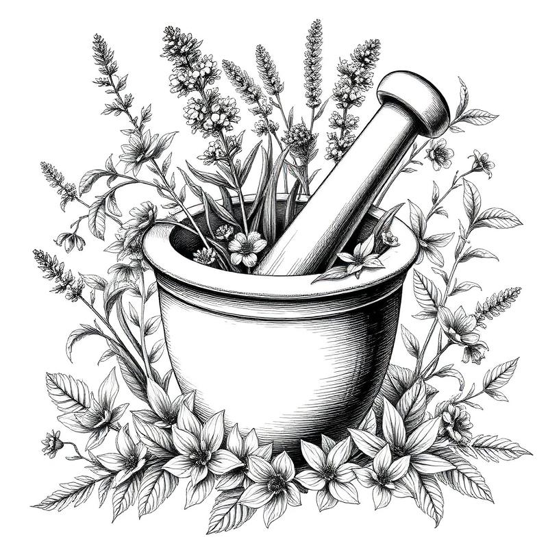 Homeopathy natural healing - mortar and pestle with herbs
