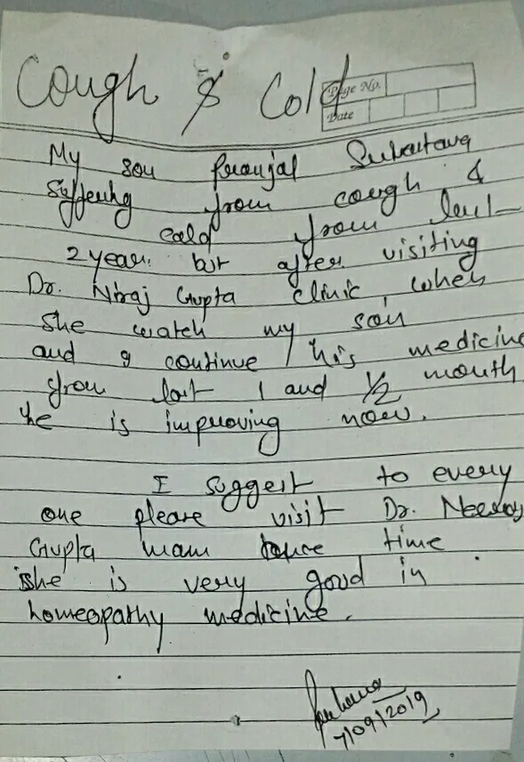 Handwritten note about Cough & cold (child) from A grateful parent