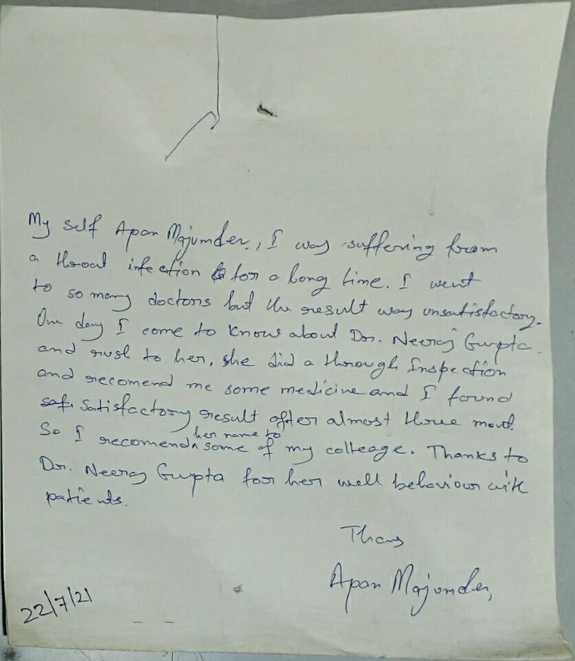 Handwritten note about Throat infection from Apon Majumder