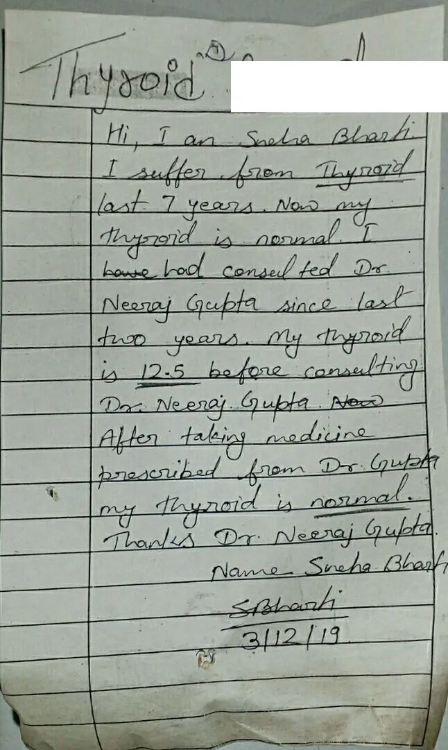 Handwritten note about Thyroid from Sneha Bharti