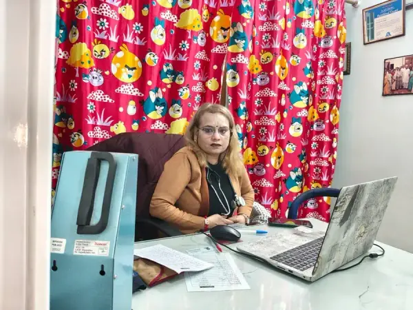 Prof. Dr. (Mrs.) Neeraj Gupta, homeopathic physician, at her clinic in Delhi